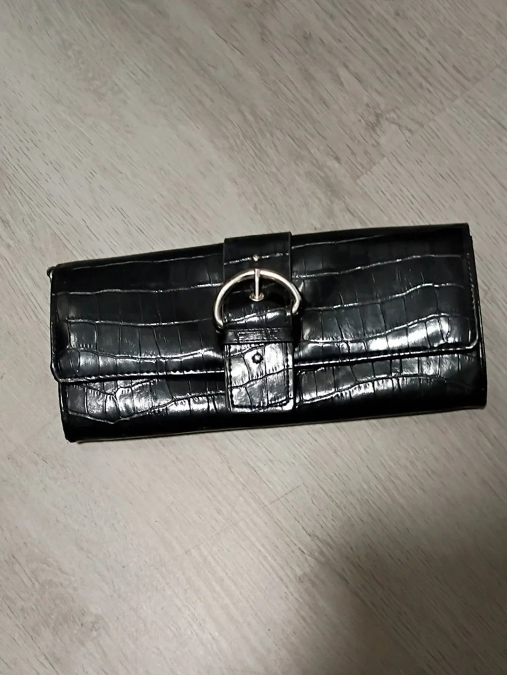 Black Croc-Embossed Leather Clutch with Silver Buckle